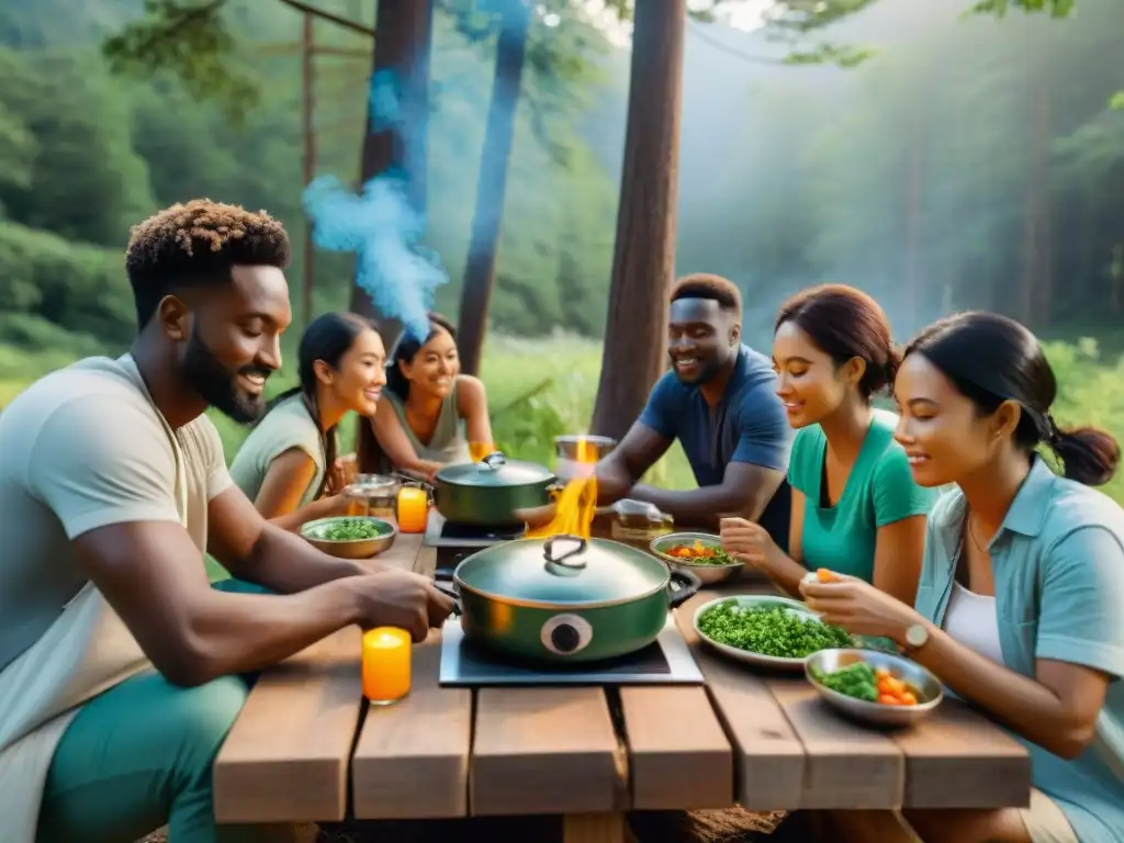 Cocina solar en el bosque: Campamento ecofriendly Grupo de campistas preparando creativas recetas de camping sin fuego con cocinas solares en medio de la naturaleza