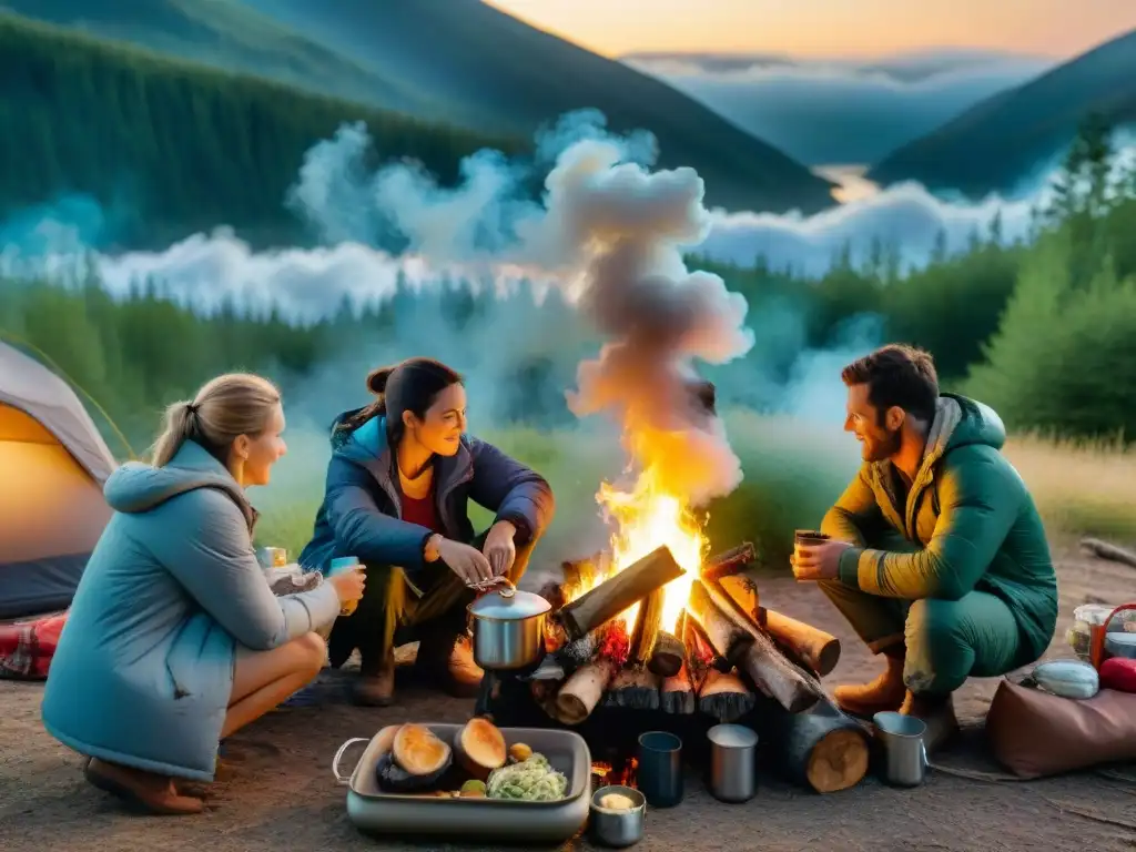Cena al aire libre: campamento en la naturaleza Un grupo de campistas preparando una deliciosa cena alrededor de la fogata en un campamento al aire libre, creando una atmósfera cálida y comunitaria