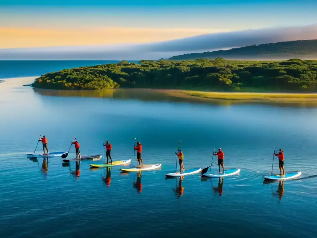 Puesta de sol dorada y paddle surf en Laguna Garzón, Uruguay Grupo de campistas disfrutando de deportes acuáticos en campamentos en Laguna Garzón, Uruguay
