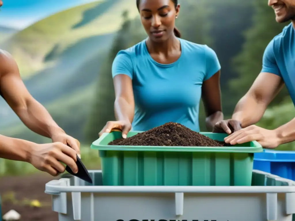 Campamento ecológico: clasificación de residuos en la naturaleza Grupo de campistas clasificando desechos en camping sostenible en la naturaleza