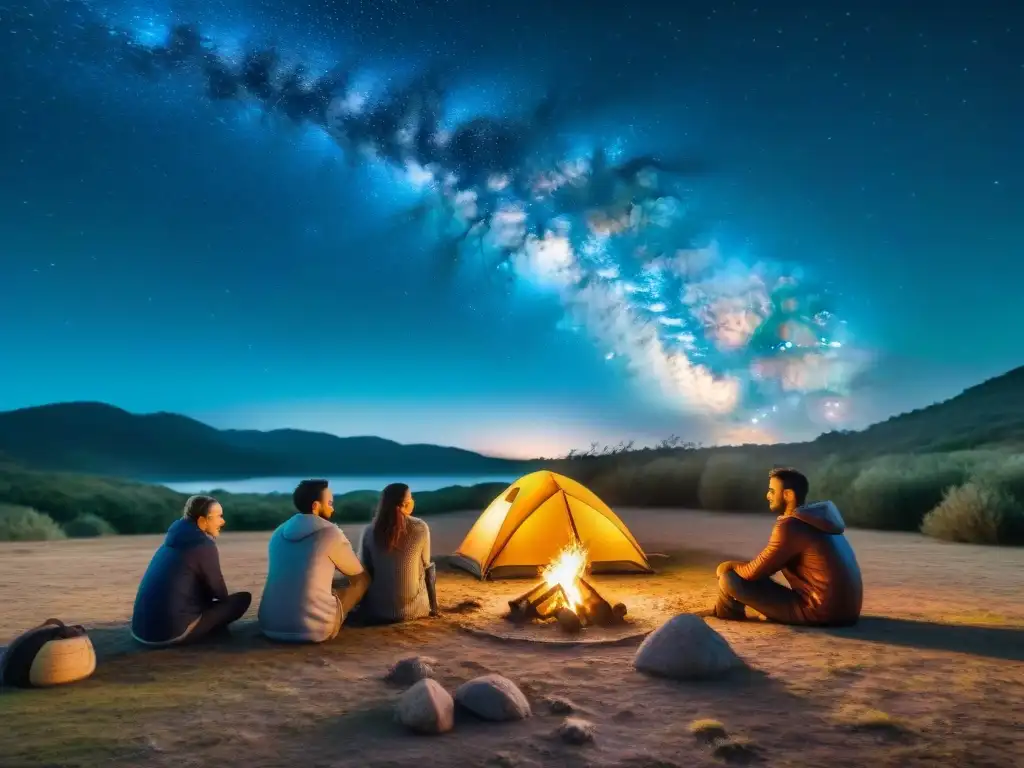Conversaciones bajo las estrellas: Campamento en Uruguay Grupo de campistas en Uruguay disfrutando de la desconexión digital alrededor de fogata bajo cielo estrellado
