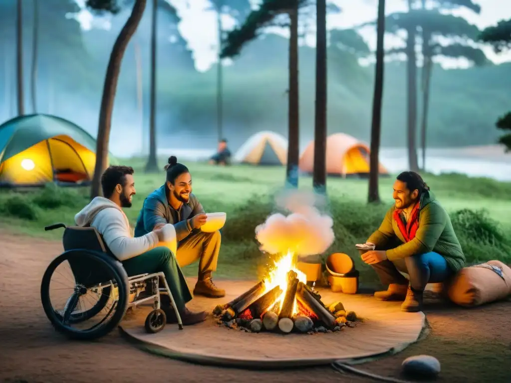 Camping inclusivo: diversidad y alegría en Uruguay Un grupo de campistas con discapacidades disfruta de un campamento accesible en un bosque verde de Uruguay