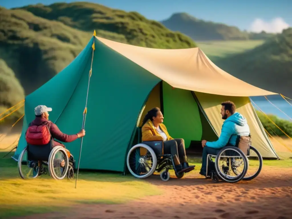 Camping inclusivo: diversión y camaradería en Uruguay Grupo de campistas con discapacidades montando una carpa en un camping accesible en Uruguay, destacando la inclusión y la camaradería