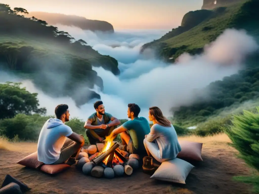 Acampando de forma sostenible en Uruguay Un grupo de campistas diversos disfruta de una fogata en un bosque exuberante de Uruguay, practicando el camping sostenible con equipamiento ecológico
