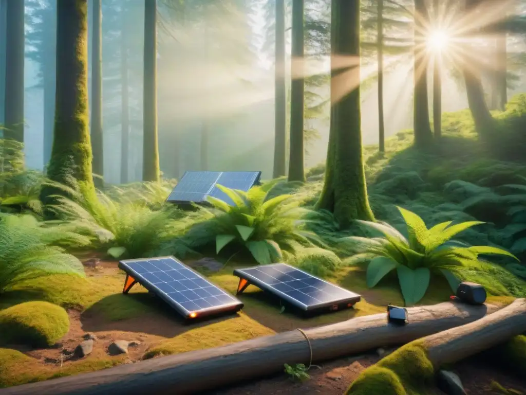 Campistas felices cargando dispositivos con paneles solares en el bosque Grupo de campistas cargando dispositivos con paneles solares portátiles en el bosque