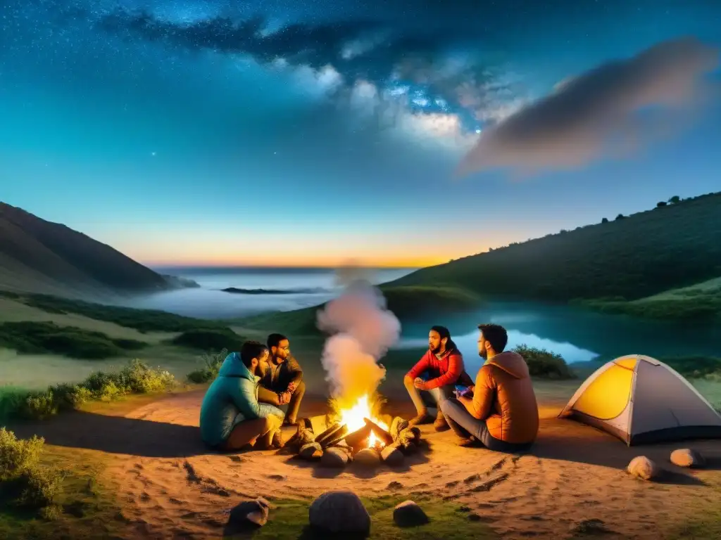 Campamento digital bajo las estrellas en Uruguay Un grupo de campistas diverso usa apps camping para transformar su experiencia alrededor de la fogata en Uruguay