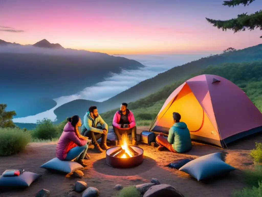 Campamento ecológico al atardecer: cargando dispositivos con energía solar Un grupo de campistas diversos disfrutan alrededor de una fogata al atardecer, con paneles solares portátiles cargando dispositivos electrónicos