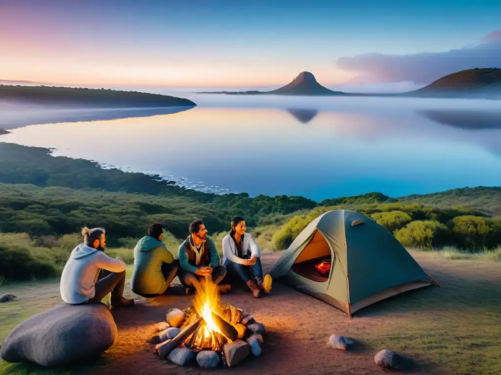 Campamento ecoamigable al atardecer en parque nacional uruguayo Grupo de campistas diversos disfrutando de una velada ecoamigable en Uruguay, alrededor de una fogata al atardecer junto a un lago sereno