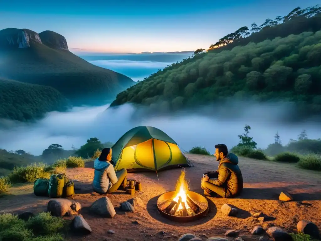 Campamento ecológico en bosque uruguayo Un grupo de campistas ecológicos conversando alrededor de una fogata en un bosque uruguayo