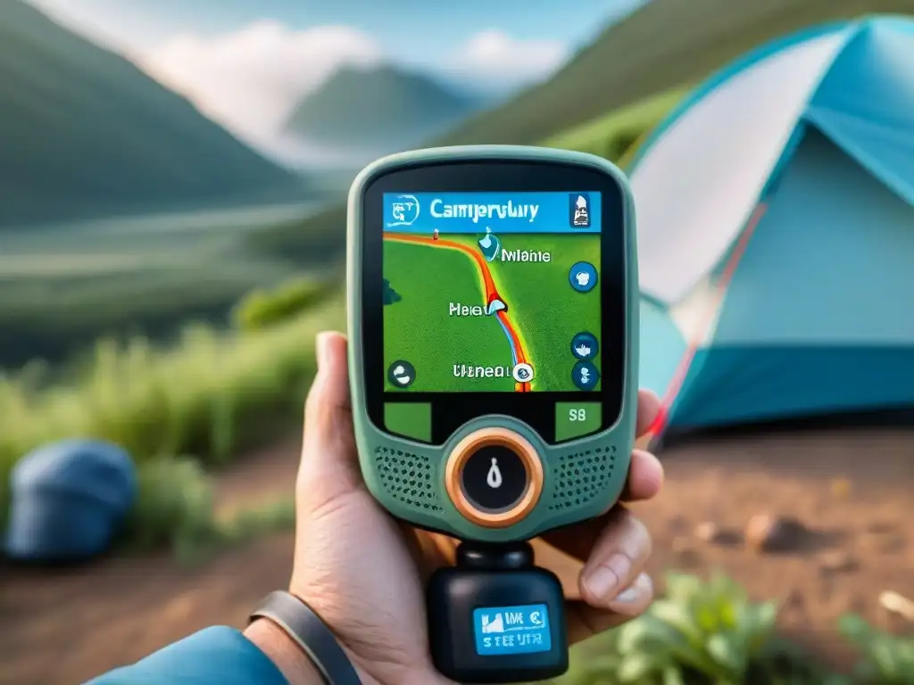 Emoción en campamento: planificando aventuras en Uruguay Grupo de campistas en Uruguay emocionados planificando su próxima aventura con un GPS en medio de la naturaleza