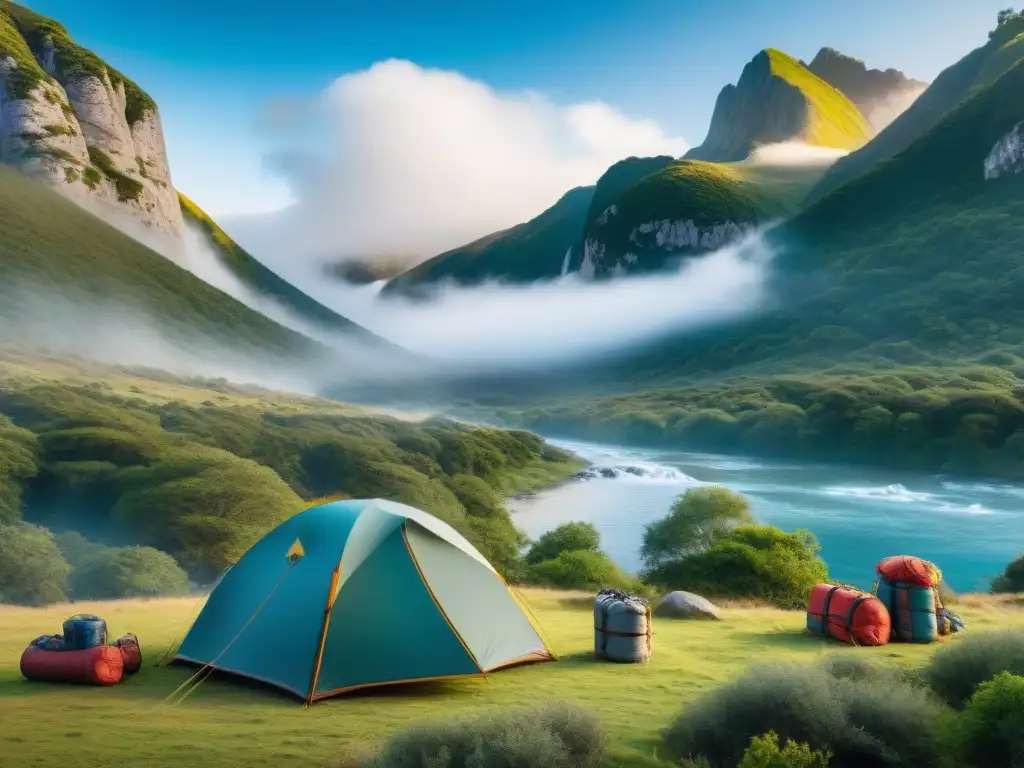 Grupo de campistas disfrutando de la naturaleza en Uruguay Un grupo de campistas entusiastas armando una tienda en un campamento pintoresco en Uruguay