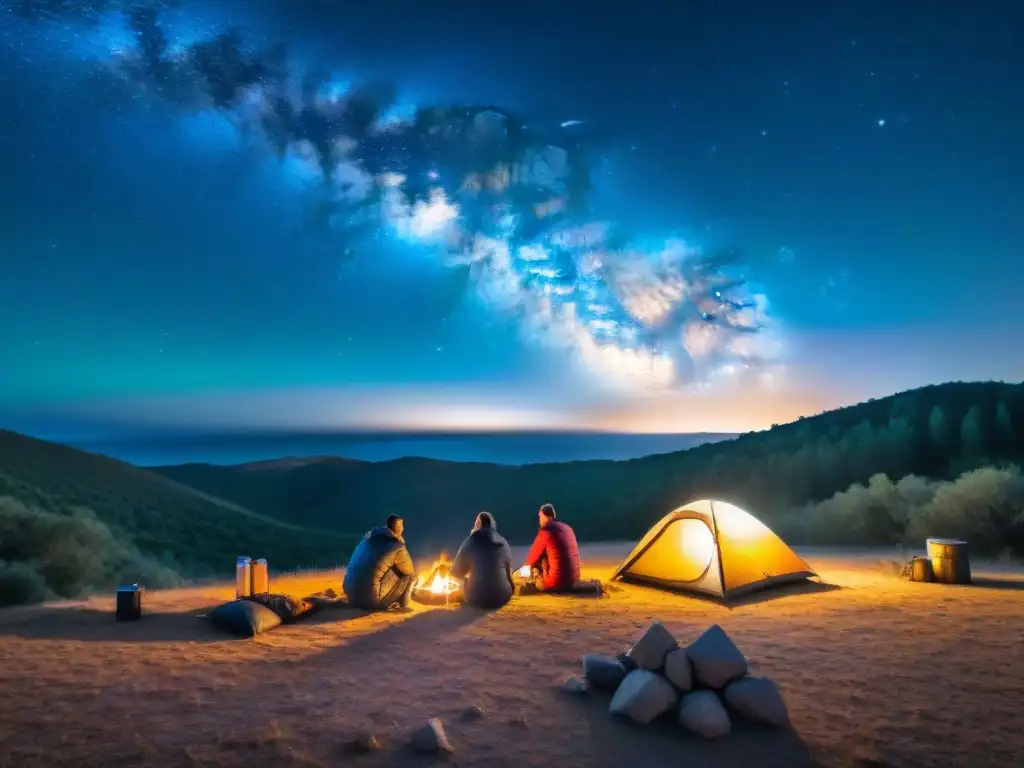Emocionante noche de campamento bajo un cielo estrellado en Uruguay Grupo de campistas entusiastas montando tiendas bajo un cielo estrellado en Uruguay