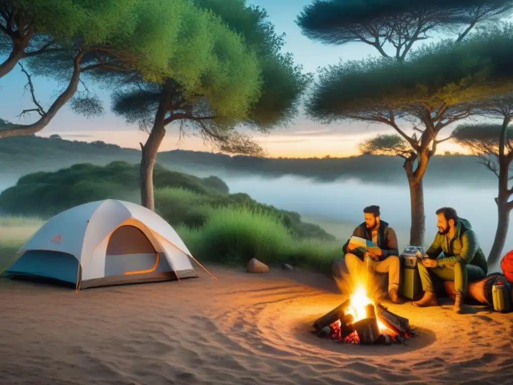 Preparación y seguridad: campistas organizan equipo en Uruguay Grupo de campistas organizando su equipo en un campamento en Uruguay, destacando la importancia del seguro de viaje camping Uruguay