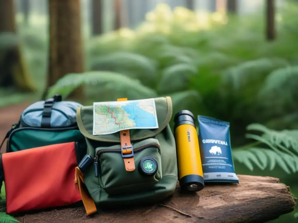 Preparativos precisos para la aventura en la selva de Uruguay Un grupo de campistas en Uruguay preparando meticulosamente su equipo de supervivencia para una expedición de camping salvaje