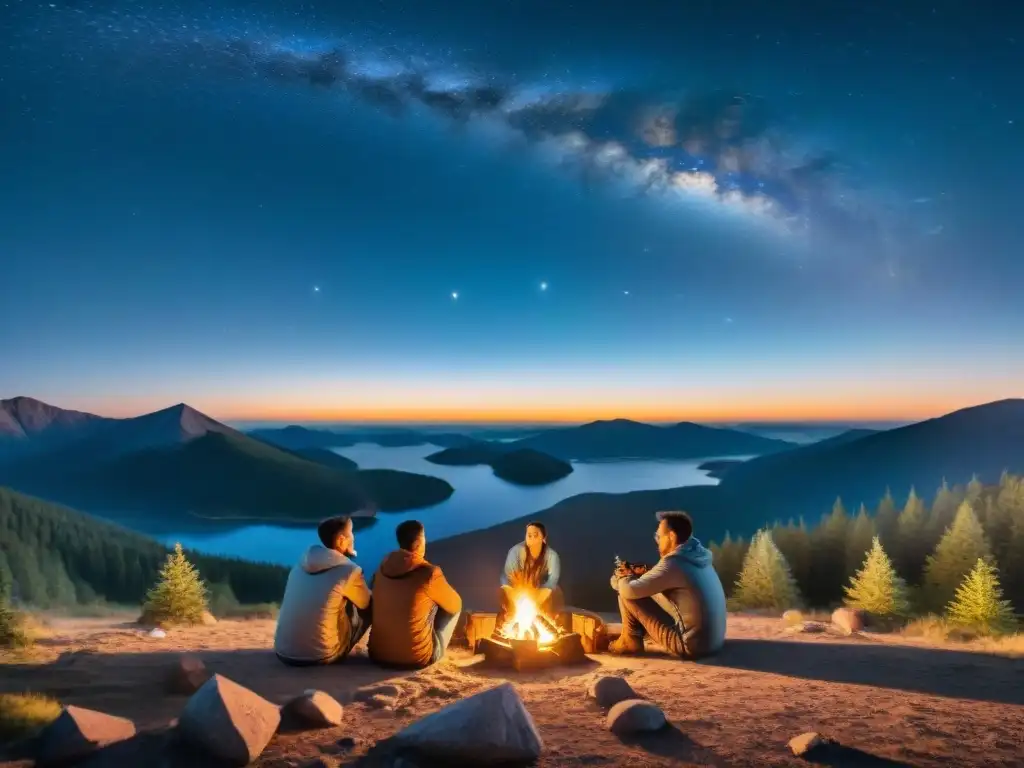 Noches de estrellas: Campamento bajo el cielo estrellado Un grupo de campistas observa estrellas alrededor de una fogata, con un telescopio portátil mostrando constelaciones