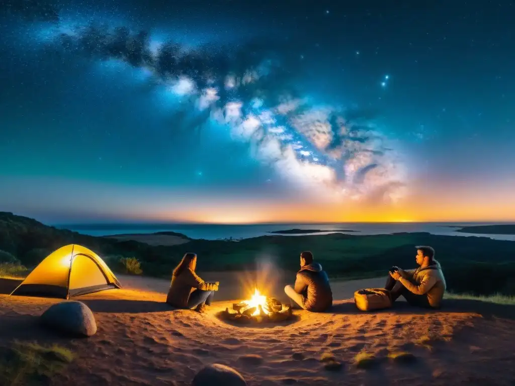 Estrellas en la noche: Campamento bajo la Vía Láctea en Uruguay Grupo de campistas observando las estrellas alrededor de una fogata en Uruguay, bajo la Vía Láctea