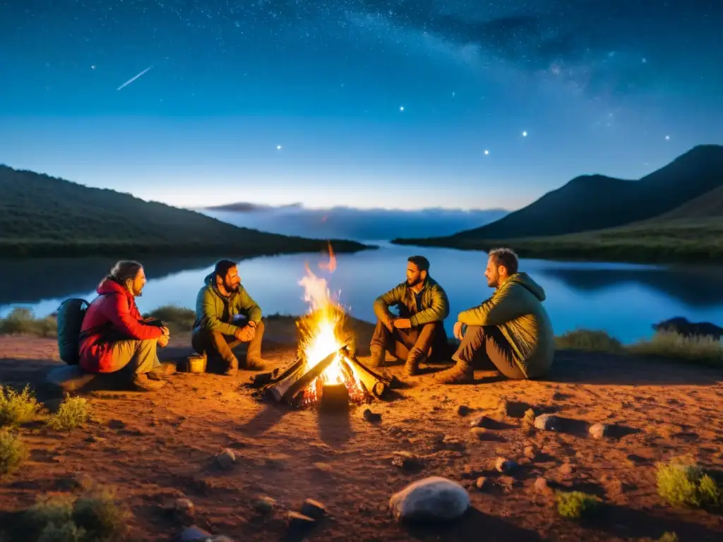 Experiencia y camaradería en la noche salvaje de Uruguay Grupo de campistas experimentados compartiendo consejos de supervivencia junto a fogata en la naturaleza de Uruguay