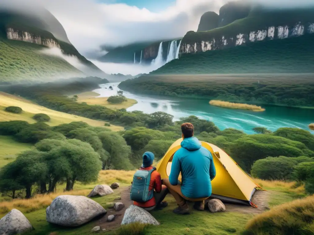 Planificación de aventura en Uruguay: Campistas expertos usando GPS Grupo de campistas experimentados planificando su próxima aventura en Uruguay con GPS en medio de la exuberante naturaleza