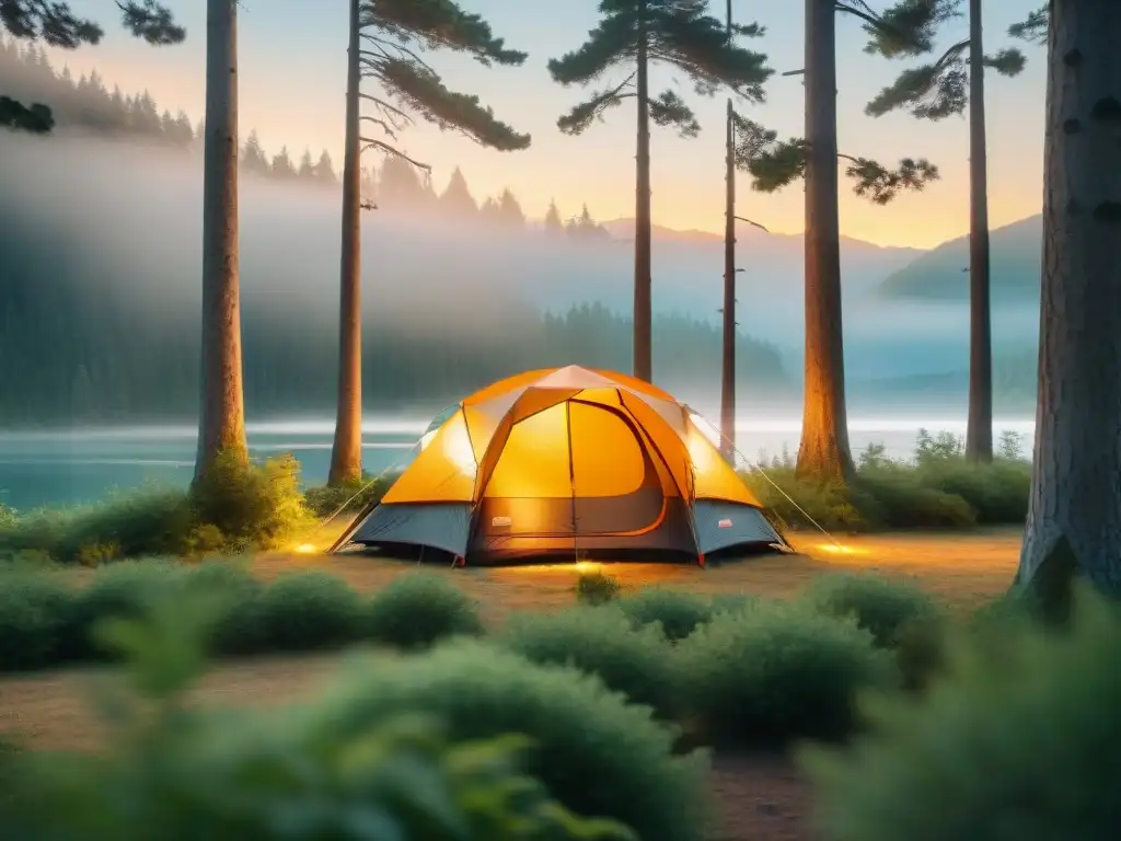 Montaje de tienda de lujo en bosque sereno al atardecer Un grupo de campistas experimentados montando una tienda de campaña de alta gama en un bosque sereno al atardecer dorado