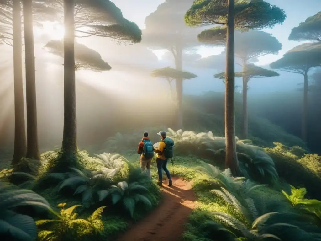 Exploración experta en bosque uruguayo: orientación con brújula y mapa Grupo de campistas expertos usando brújula y mapa en un denso bosque de Uruguay, con luz dorada filtrándose entre las copas de los árboles