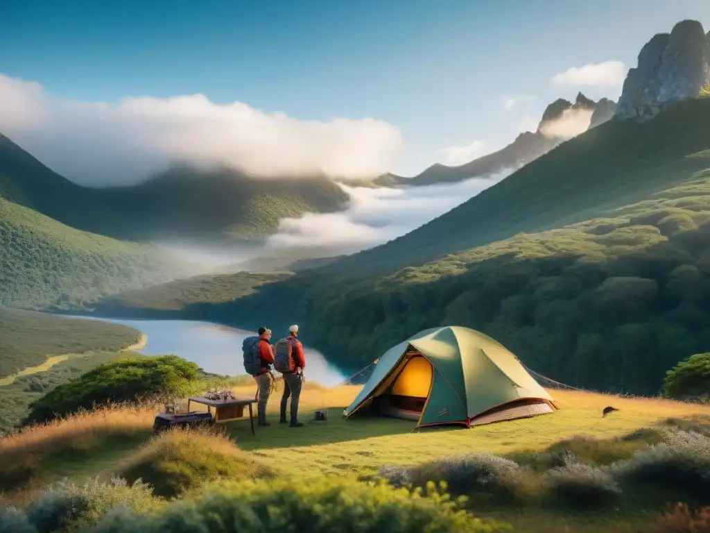 Campamento de lujo en la naturaleza de Uruguay Grupo de campistas expertos montando una lujosa tienda de campaña de alta gama en la naturaleza de Uruguay