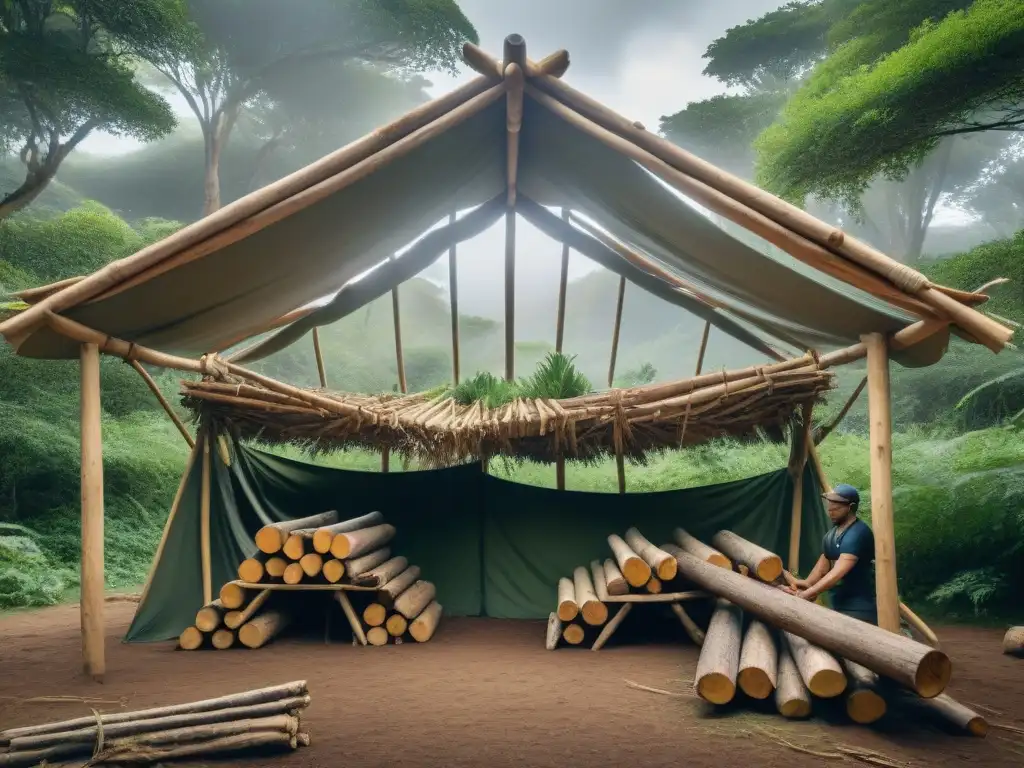 Maestros del bosque: Construcción de refugio en Uruguay Grupo de campistas expertos construyendo refugio en selva uruguaya