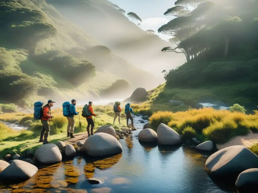 Campamento feliz en la naturaleza de Uruguay: filtrando agua limpia Un grupo de campistas felices en Uruguay, filtrando agua con filtros portátiles en la naturaleza