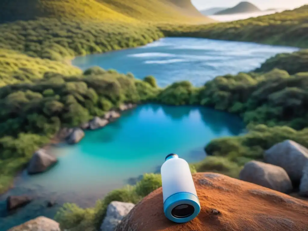 Campamento feliz en Uruguay: filtrando agua cristalina Un grupo de campistas felices en un campamento en Uruguay, filtrando agua con filtros portátiles