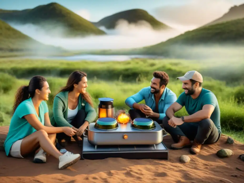 Cocina solar en Uruguay: campamento sostenible Un grupo de campistas felices cocinando con las mejores cocinas solares en un entorno natural de Uruguay