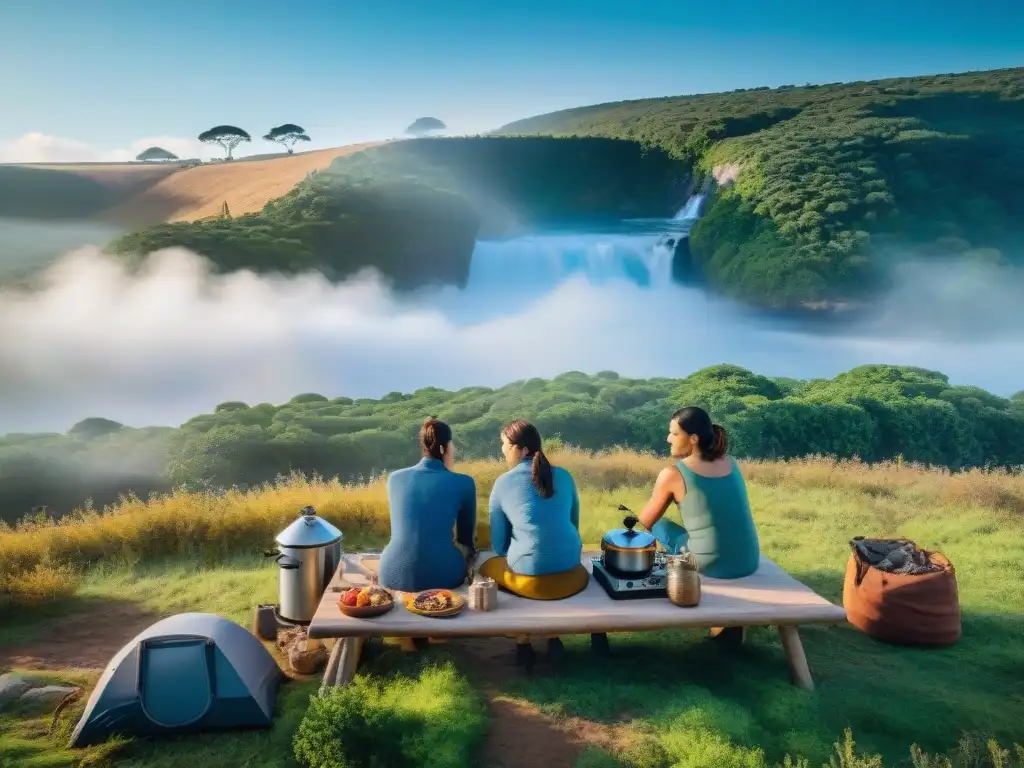 Cocina sostenible: campamento feliz en Uruguay Grupo de campistas felices en Uruguay cocinando con opciones energéticas sostenibles en un entorno natural