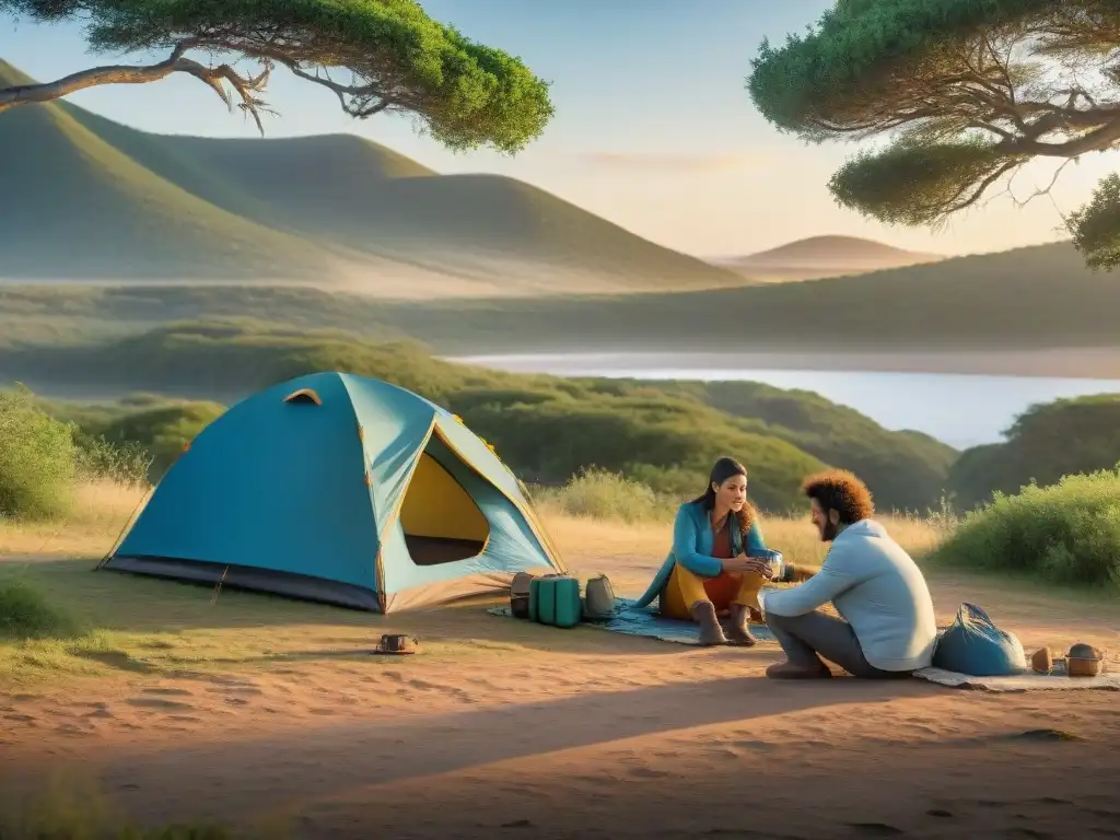 Campamento feliz en Uruguay: armando tiendas en la naturaleza Un grupo de campistas felices montando tiendas en un idílico campamento en Uruguay