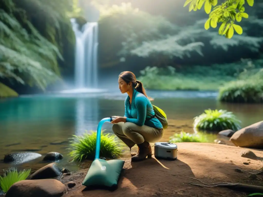 Demostración de filtro de agua en el bosque de Uruguay Un grupo de campistas integra filtros de agua portátiles en un bosque de Uruguay
