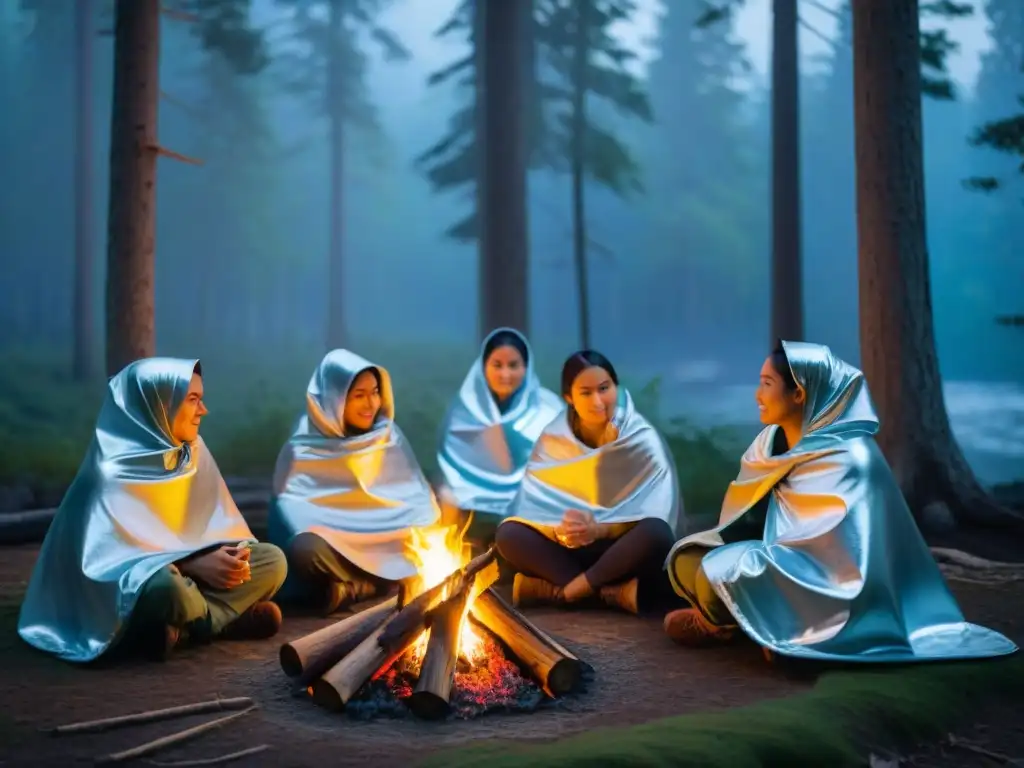 Camperos unidos al calor del fuego: emergencia en la naturaleza Grupo de campistas en fogata, abrigados con mantas térmicas, en bosque de noche