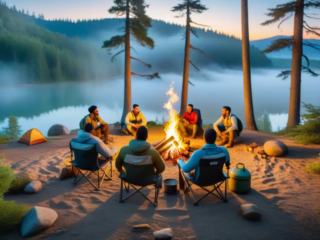 Grupo de campistas disfrutando de una fogata al atardecer en sillas de camping cómodas, rodeados de naturaleza