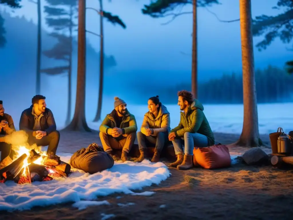 Vínculos de amistad alrededor de la fogata invernal en Uruguay Grupo de campistas alrededor de fogata en bosque invernal de Uruguay