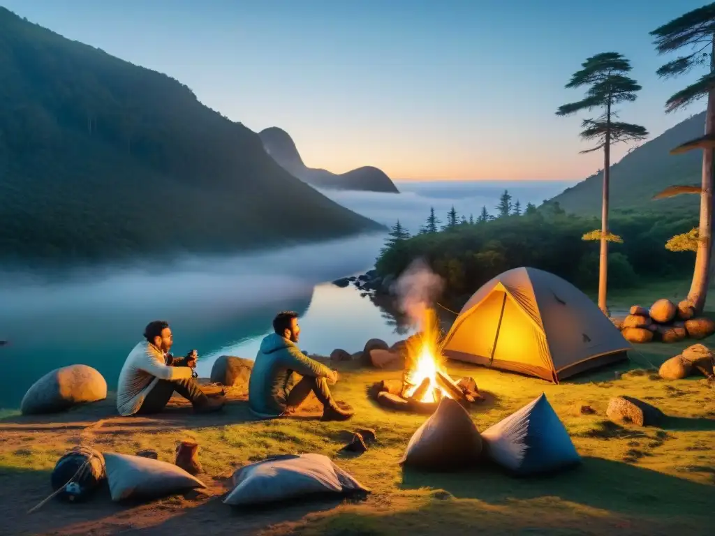 Campamento responsable en Uruguay: Convivencia en armonía con la naturaleza Grupo de campistas alrededor de fogata en bosque uruguayo