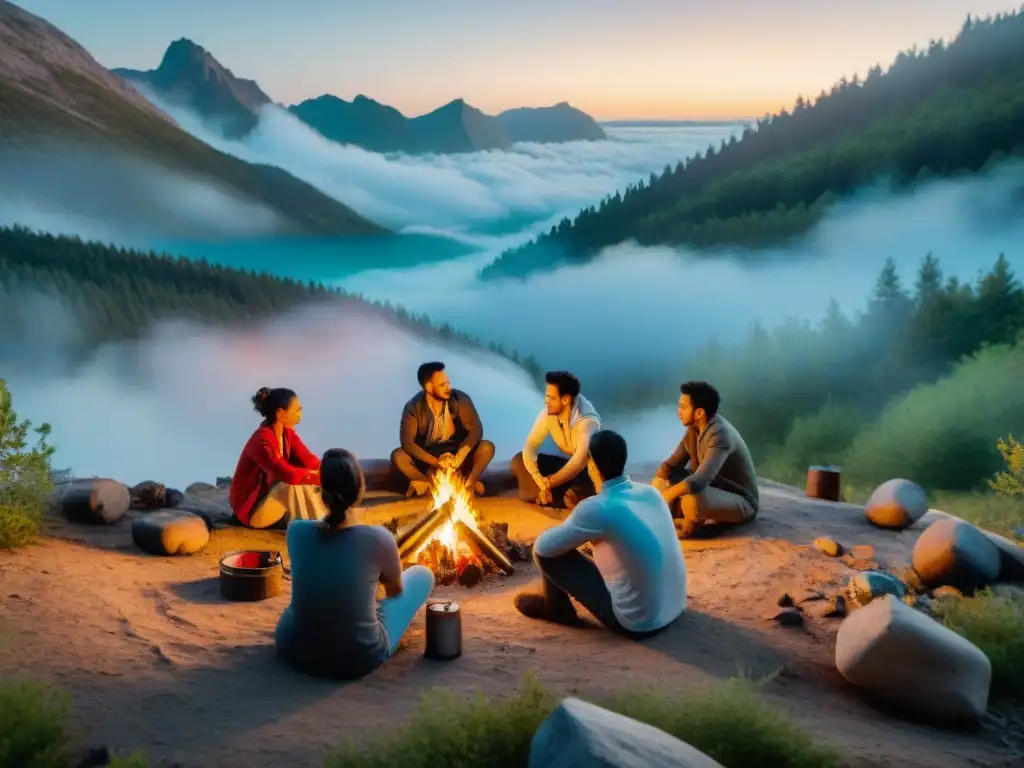 Campamento seguro alrededor de fogata en bosque al atardecer Un grupo de campistas alrededor de una fogata en el bosque al atardecer, practicando prevención incendios campamento Uruguay