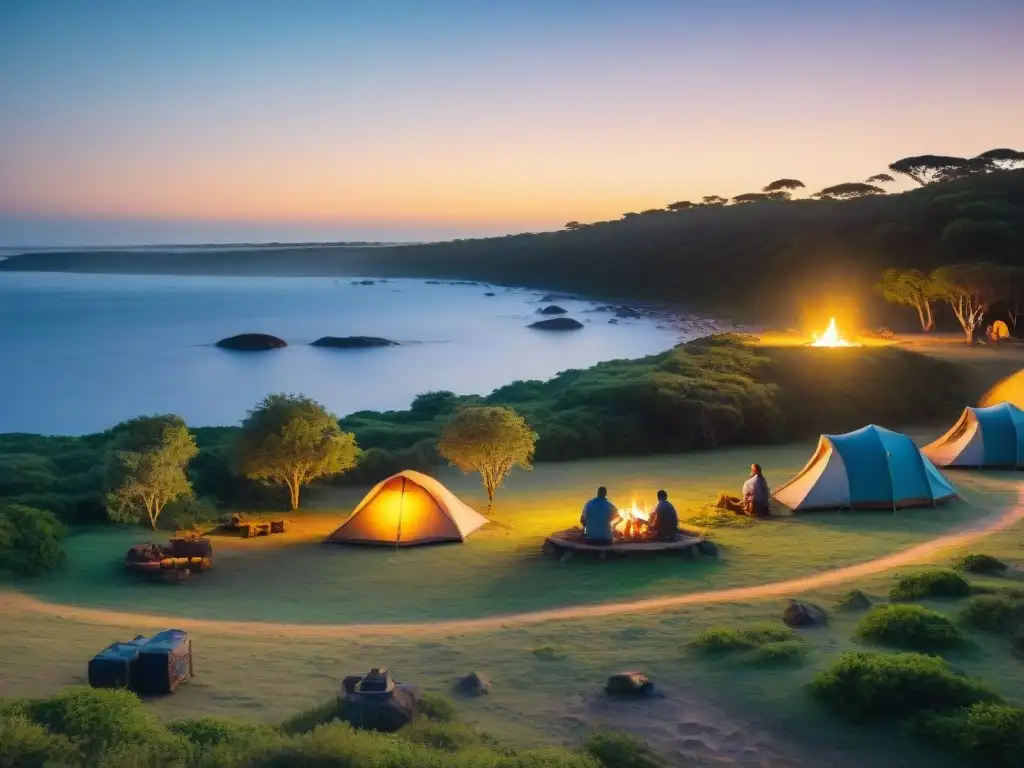 Campamento mágico en Uruguay: fogata bajo las estrellas Grupo de campistas alrededor de la fogata en un campamento en Uruguay al anochecer, reflejando la conexión con la naturaleza