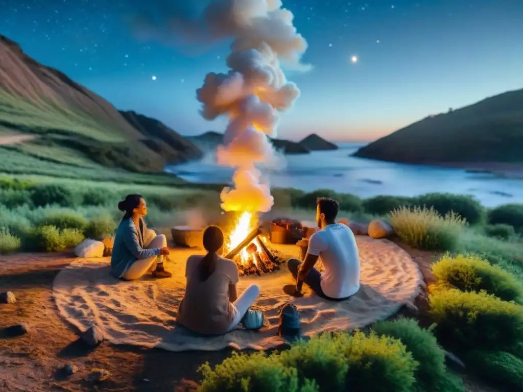 Campamento bajo las estrellas en Uruguay Un grupo de campistas disfruta de una fogata al anochecer en un camping en Uruguay, asando malvaviscos bajo un cielo estrellado