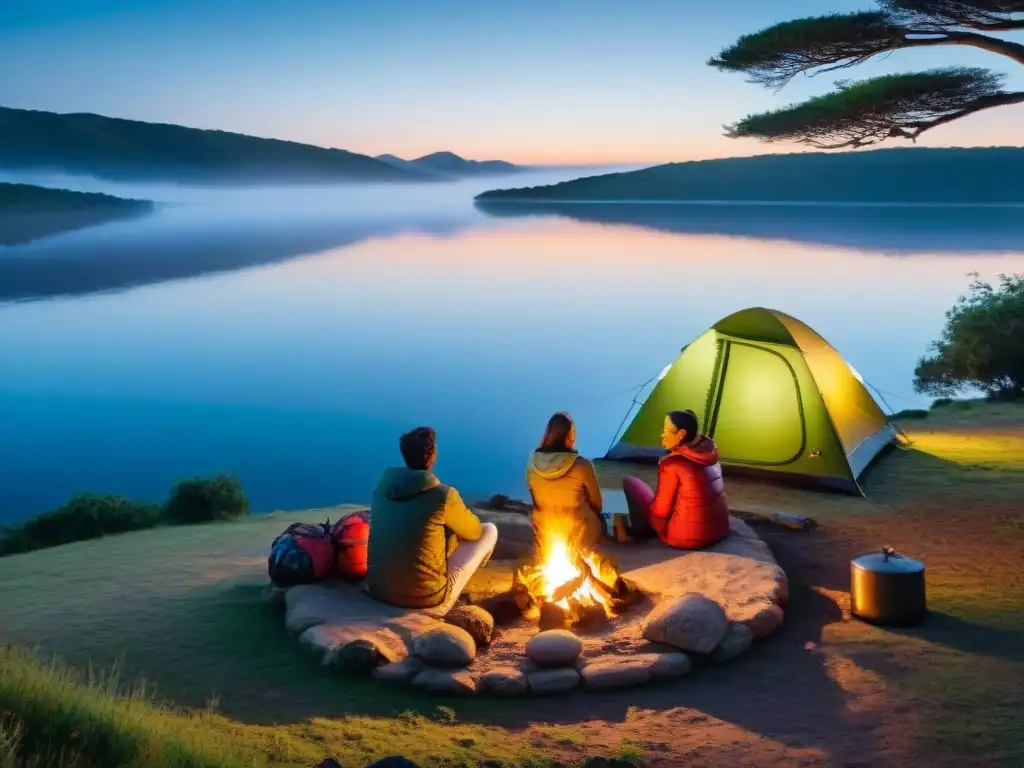 Camping inclusivo junto al fuego en Uruguay Grupo de campistas alrededor de fogata en camping en Uruguay, reflejando la conexión con la naturaleza en uno de los mejores sitios camping Uruguay
