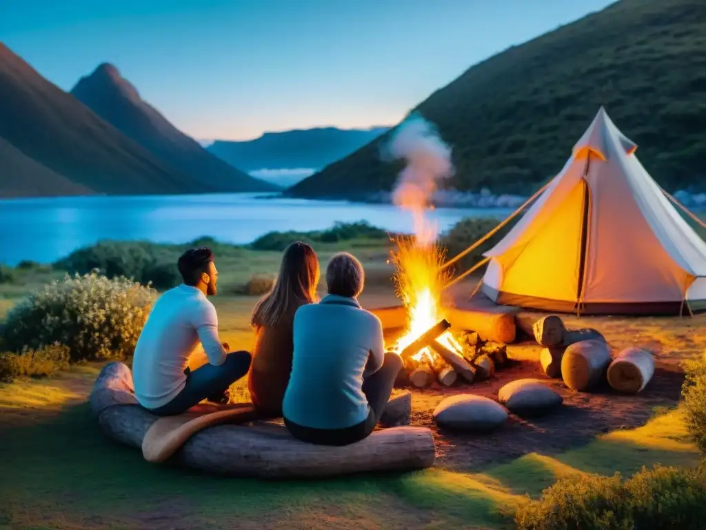 Conversaciones al calor del fuego en camping sostenible en Uruguay Un grupo de campistas se reúne alrededor de una fogata en un camping sostenible en Uruguay, en armonía con la naturaleza