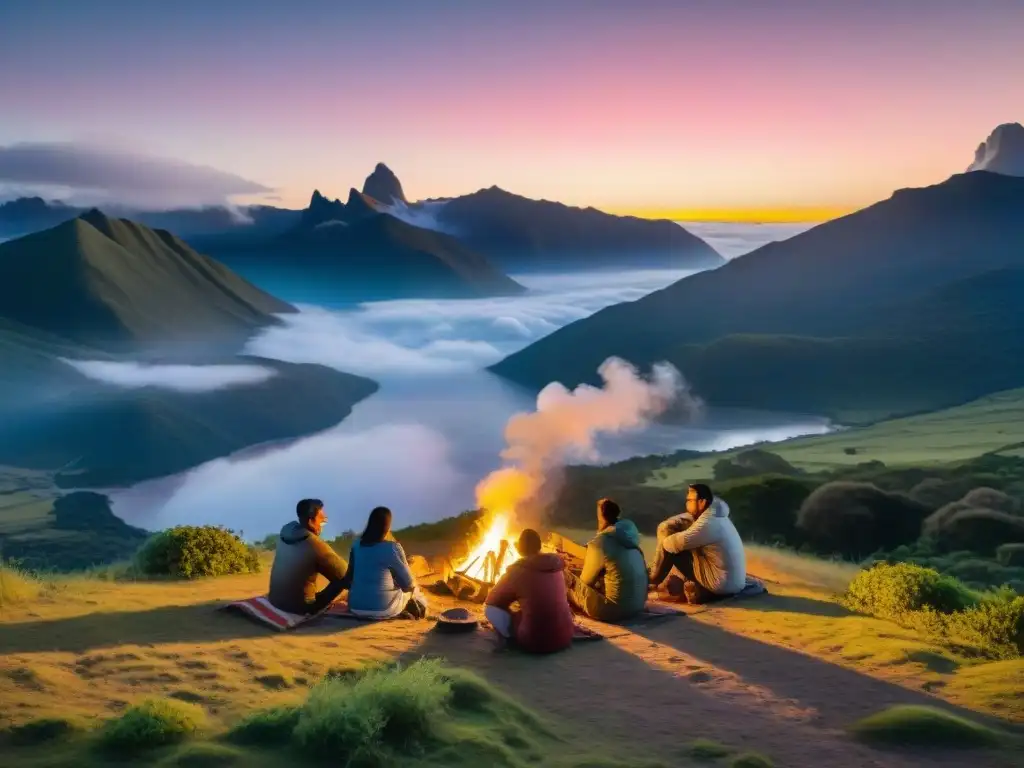 Noche de fogata y amistad en campamento uruguayo Grupo de campistas alrededor de fogata en camping uruguayo