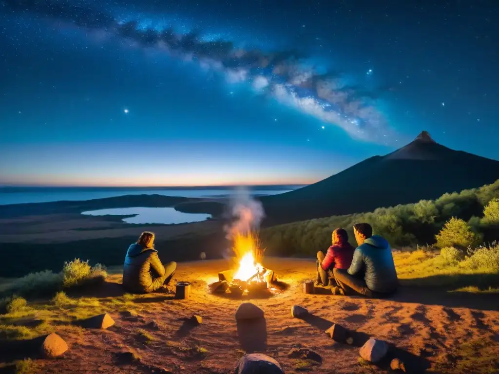 Camping estrellado en la naturaleza uruguaya Un grupo de campistas alrededor de una fogata bajo un cielo estrellado en la naturaleza uruguaya