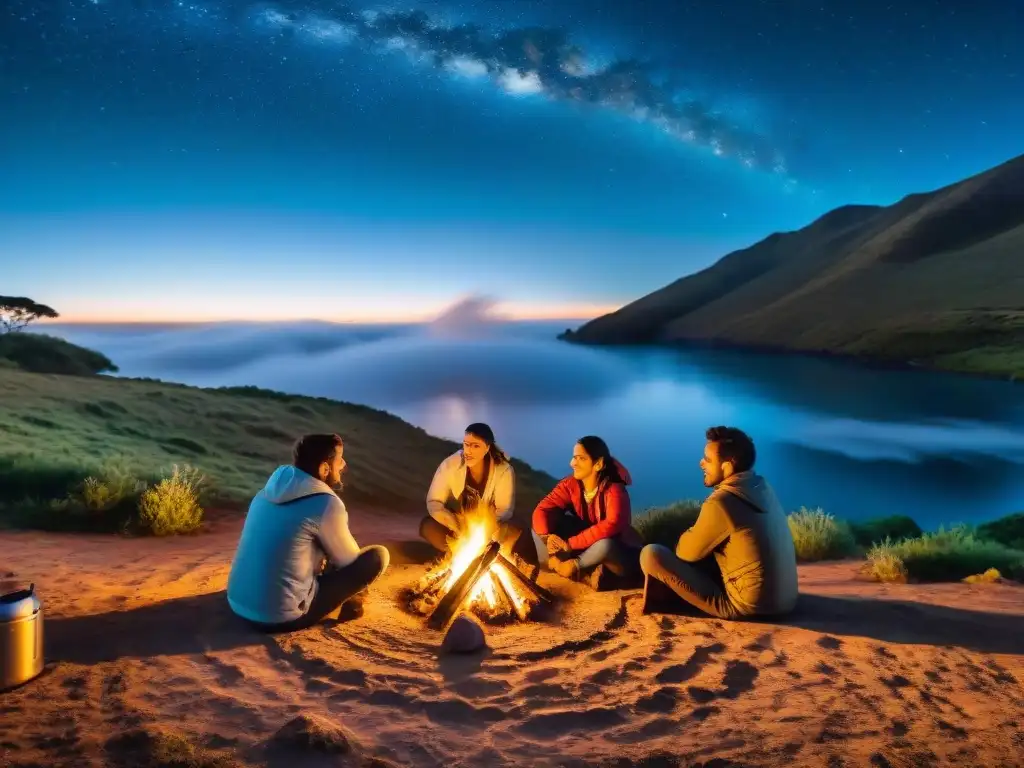 Conversaciones nocturnas junto al fuego: apoyo y camaradería en Uruguay Grupo de campistas en Uruguay, alrededor de una fogata bajo un cielo estrellado, brindándose apoyo emocional