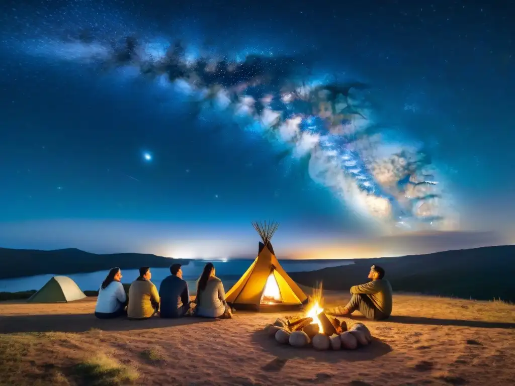 Camping bajo las estrellas en Uruguay: mates y camaradería Un grupo de campistas comparte mate alrededor de la fogata bajo un cielo estrellado en Uruguay
