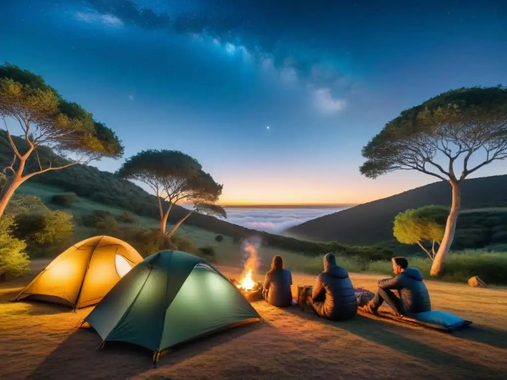 Acampada bajo las estrellas en Uruguay: diversión y aventura Grupo de campistas alrededor de fogata bajo cielo estrellado en camping remoto de Uruguay