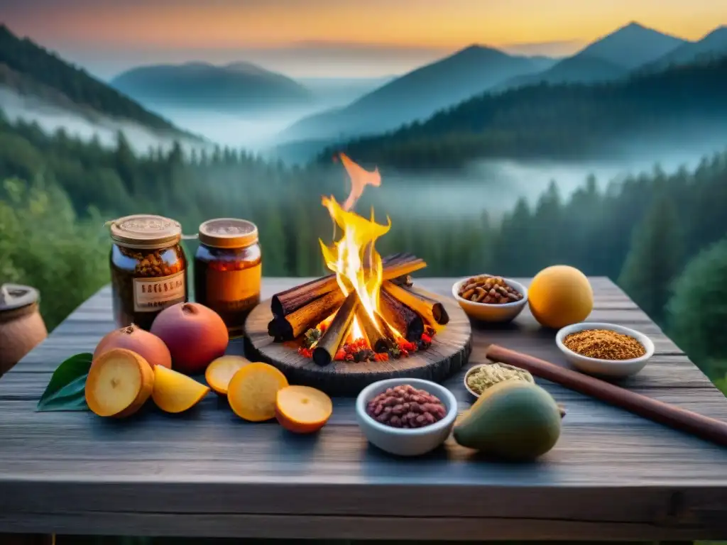 Campamento al anochecer con alimentos deshidratados y fogata Grupo de campistas en fogata al anochecer con comida deshidratada en mesa de madera