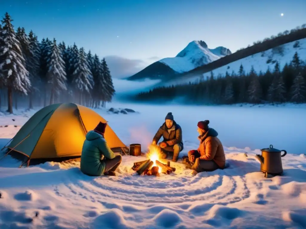 Escena de campamento invernal: fuego, nieve y camaradería en Uruguay Grupo de campistas alrededor de fogata en invierno, cocinando recetas de cocina campamento