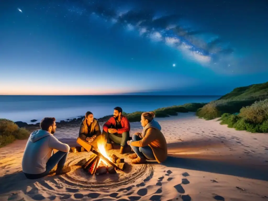 Campamento mágico en Noche de San Juan en Uruguay Grupo de campistas alrededor de fogata en Noche de San Juan en Uruguay, creando atmósfera mágica de camping