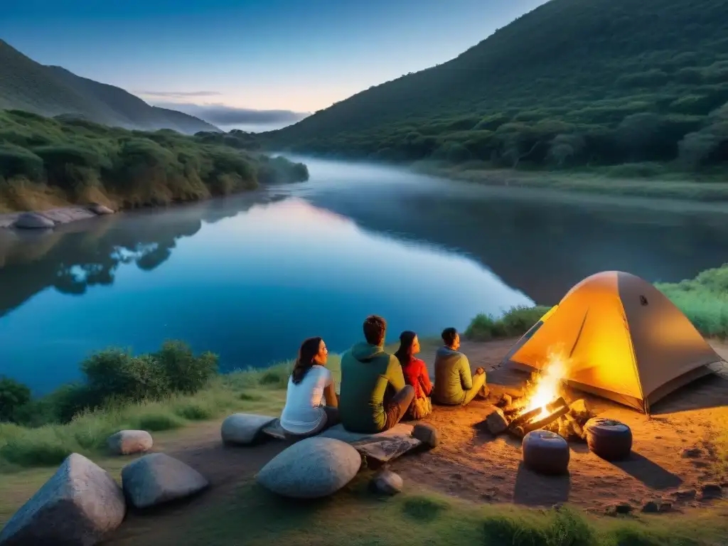 Noches de campamento bajo las estrellas en Uruguay Grupo de campistas riendo alrededor de fogata en noche estrellada de Uruguay